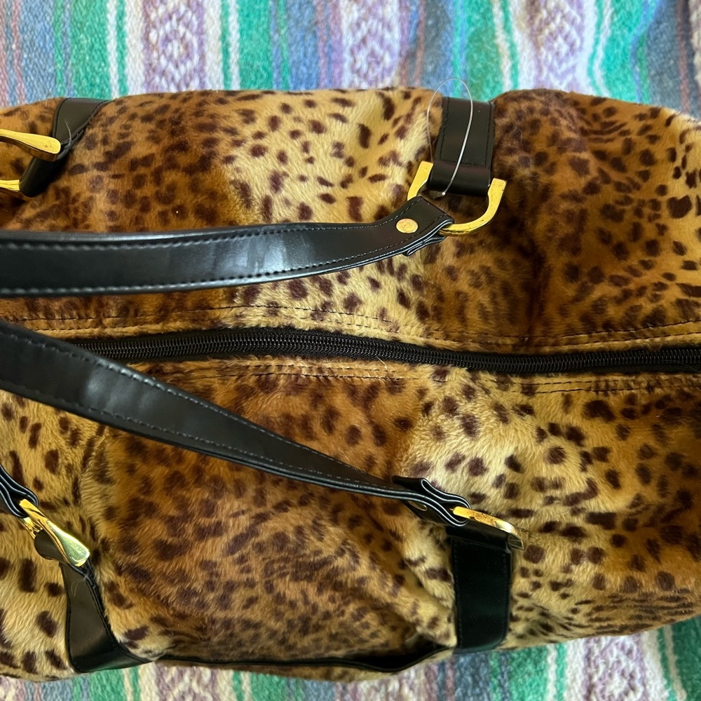 Faux Fur Leopard Print Tote Bag with Black Accents - Picture 3 of 7